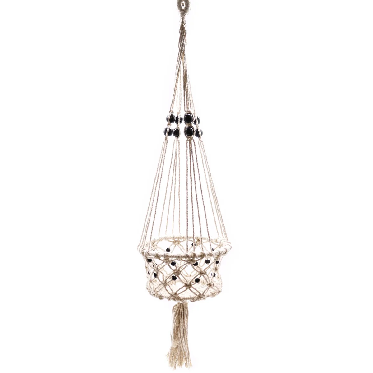 Large single beaded macrame pot holder in natural cotton rope for hanging pots and plants