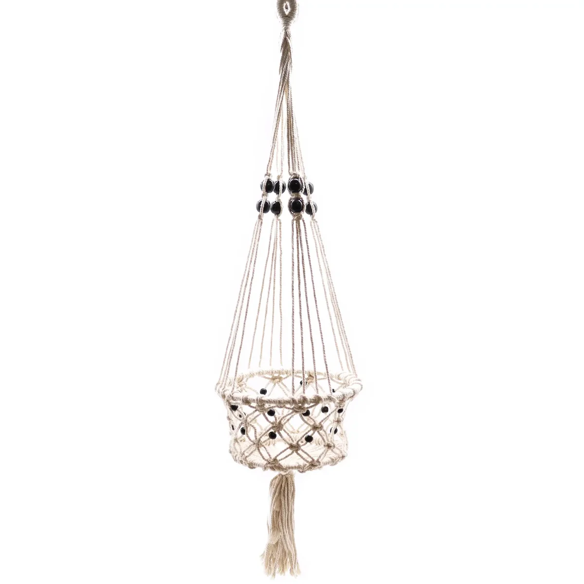 Large beaded pot holder made from macrame with a single bead detail, designed for holding pots securely