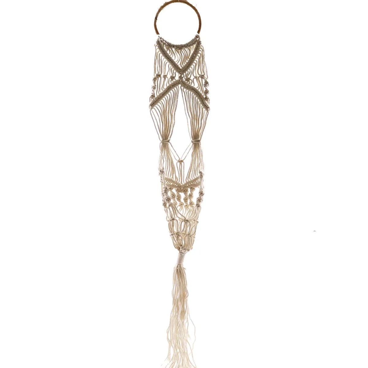 Long macrame holder with intricate knots and a round rattan hoop for hanging plants or pots indoors
