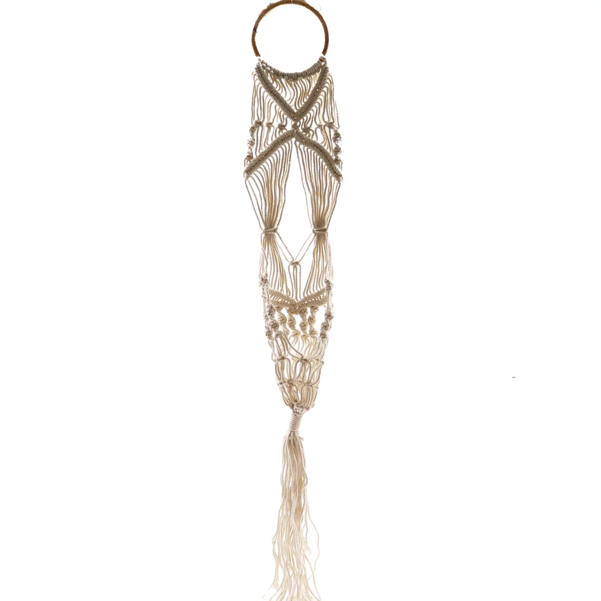 Long macrame pot holder featuring a circular rattan hoop holder for hanging plants or pots