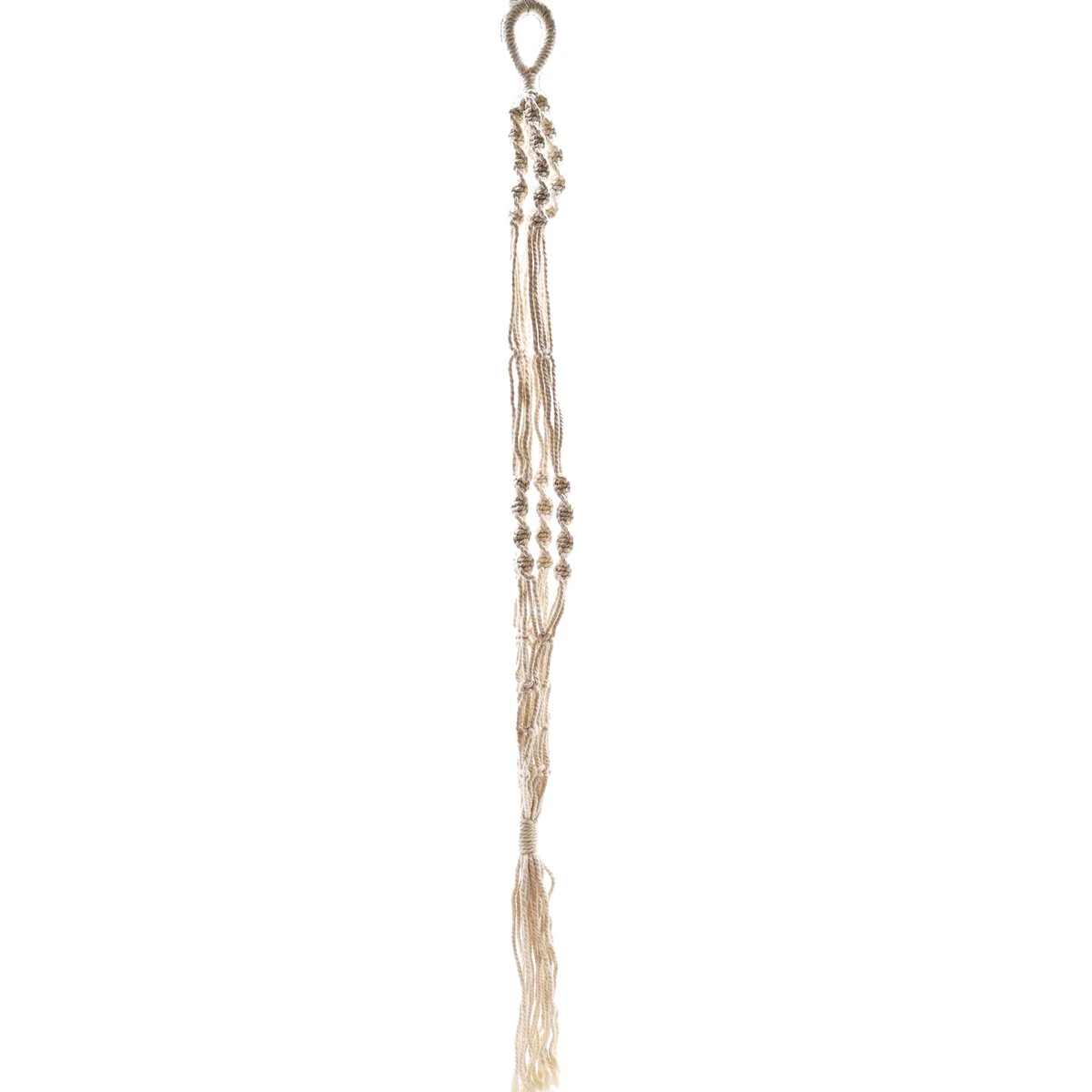 Large macrame pot holder hanging with intricate knot design and extra long length for holding pots securely