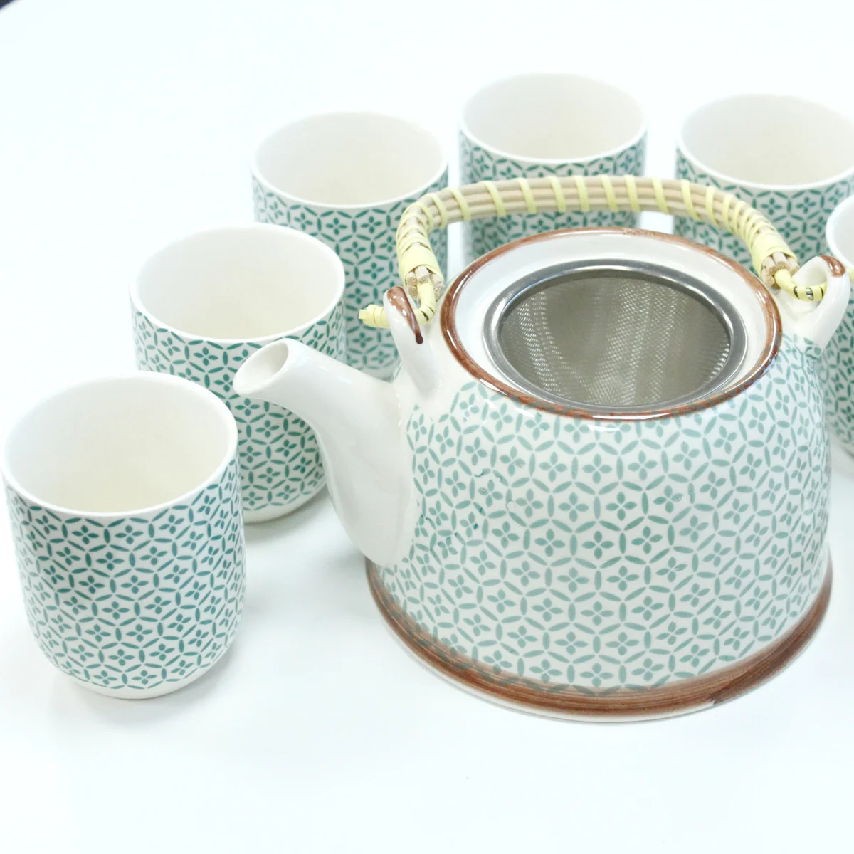 Herbal tea set featuring a ceramic teapot with green mosaic pattern