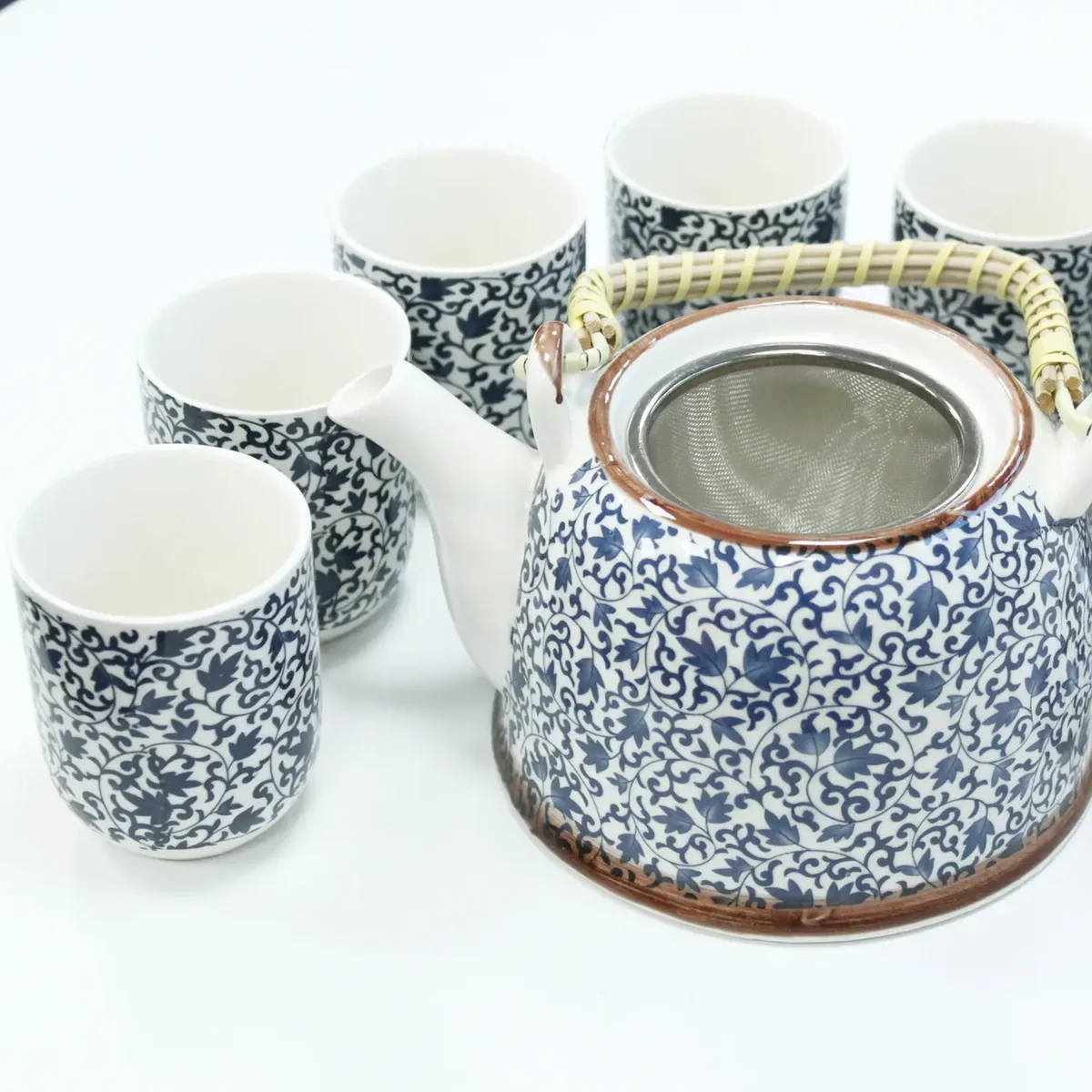 Herbal teapot set featuring a blue pattern teapot with matching cups and tray on a white background