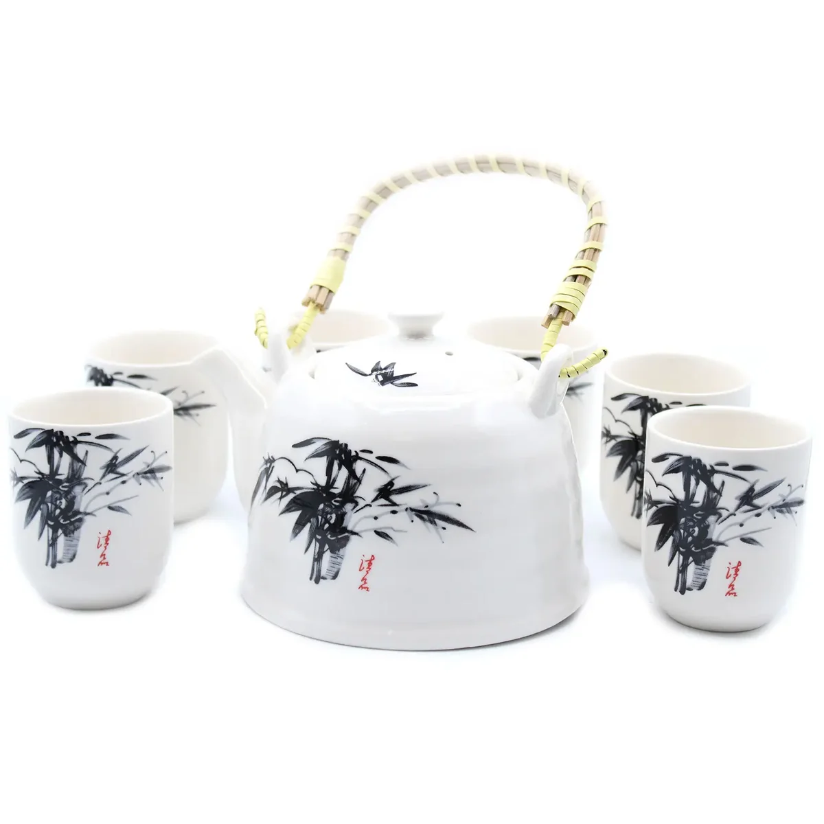 White stone teapot with matching cups and tray in an elegant Oriental herbal tea set design