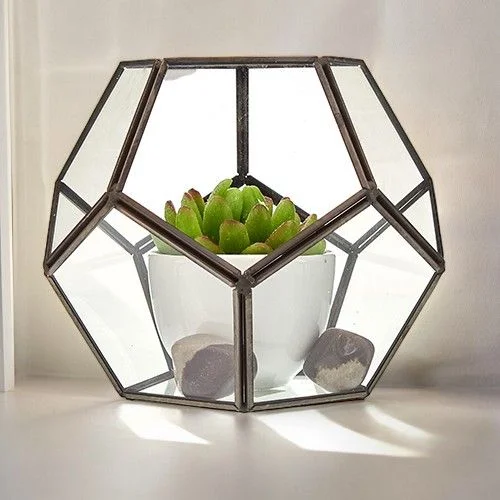 Large glass terrarium in an octagon shape with clear glass panels and metal frame for indoor plants or decor