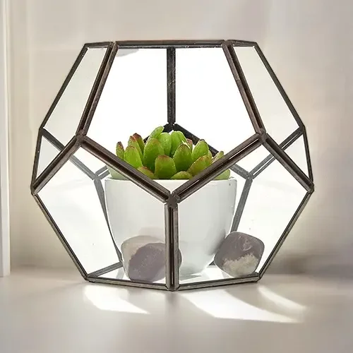 Large octagon glass terrarium with clear panels and metal frame, ideal for displaying plants or decorative items