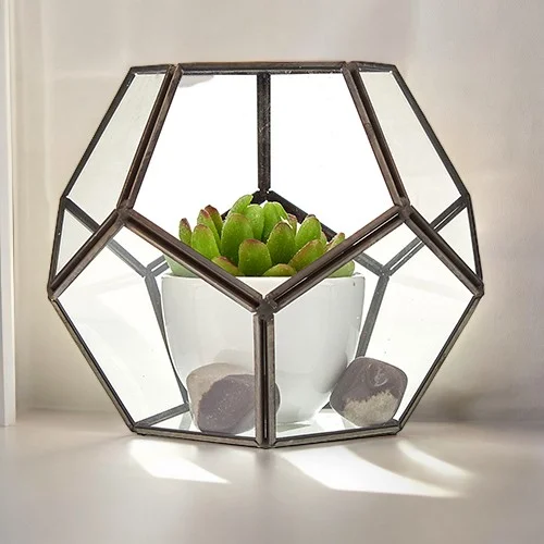 Large octagon decorative glass terrarium with clear glass panels and metal frame for indoor plant display