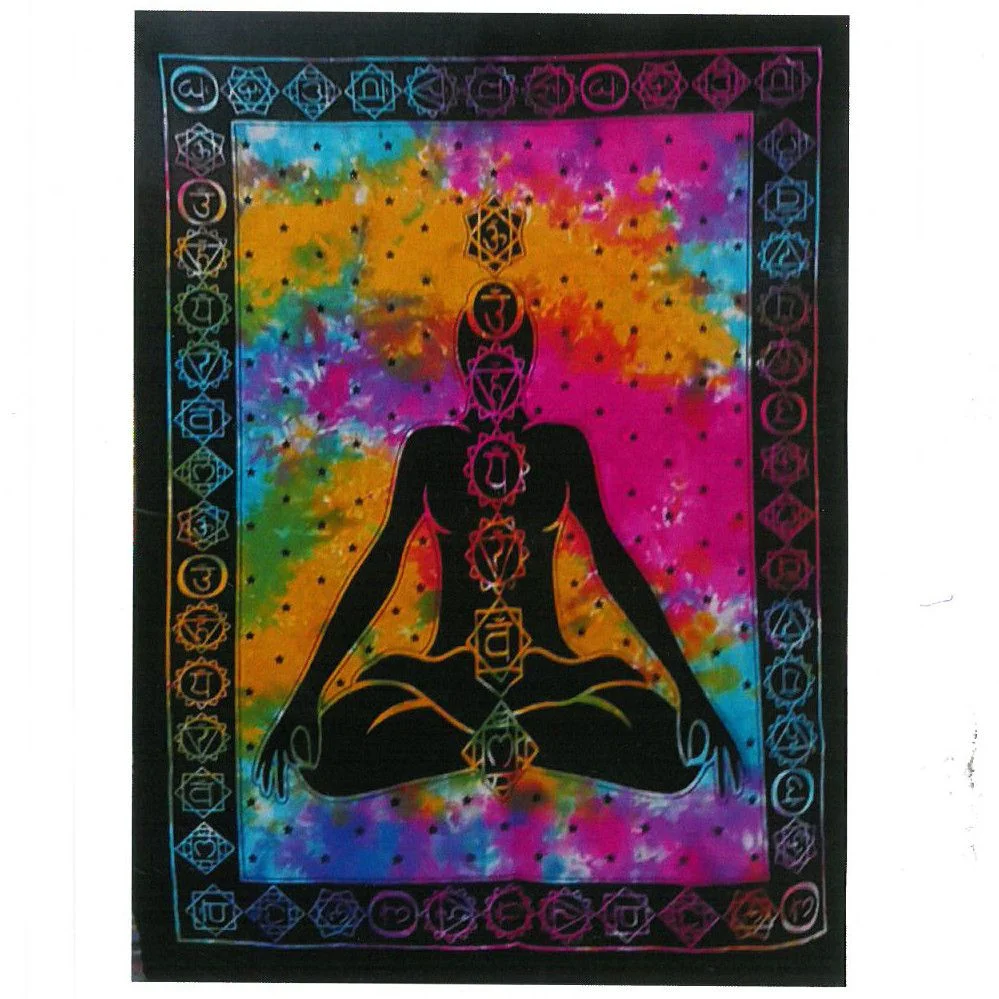 Cotton wall art featuring a colorful Chakra Buddha design on fabric for home decor