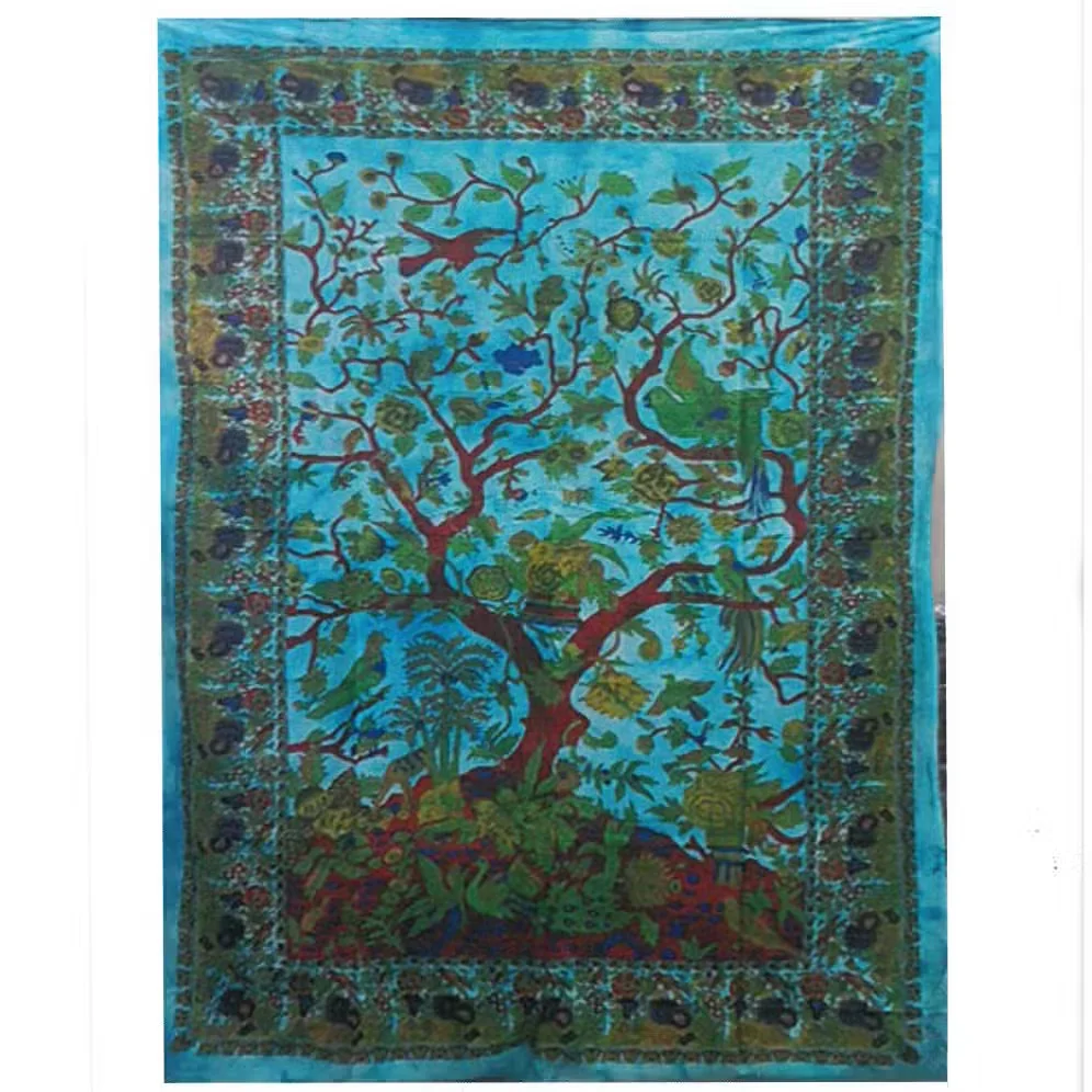 Classic Tree of Life design on cotton fabric wall decor with detailed branches and roots in natural tones
