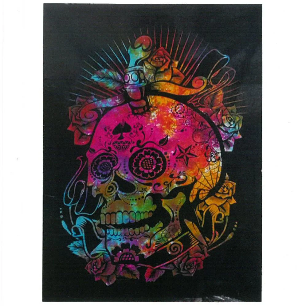 Cotton wall art featuring a colorful Day of the Dead skull design on fabric background