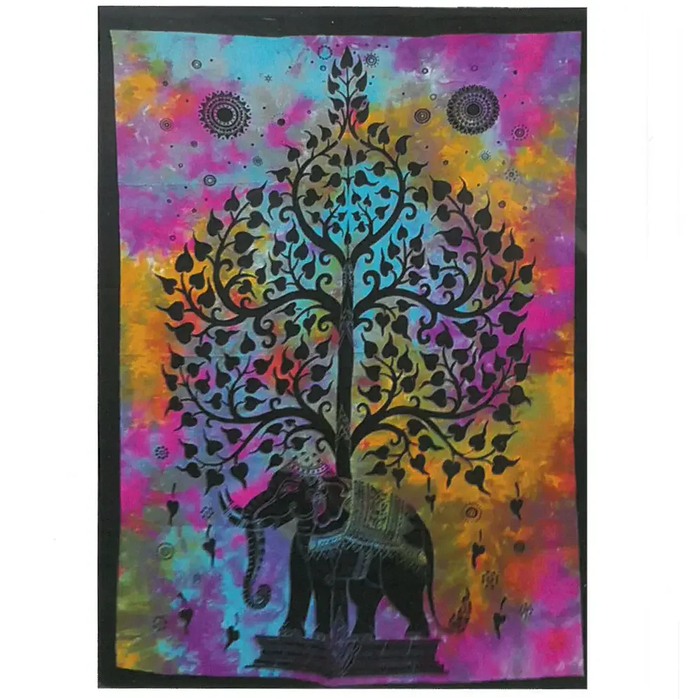 Elephant wall art featuring a cotton fabric design of an elephant with a tree on its back on a white background