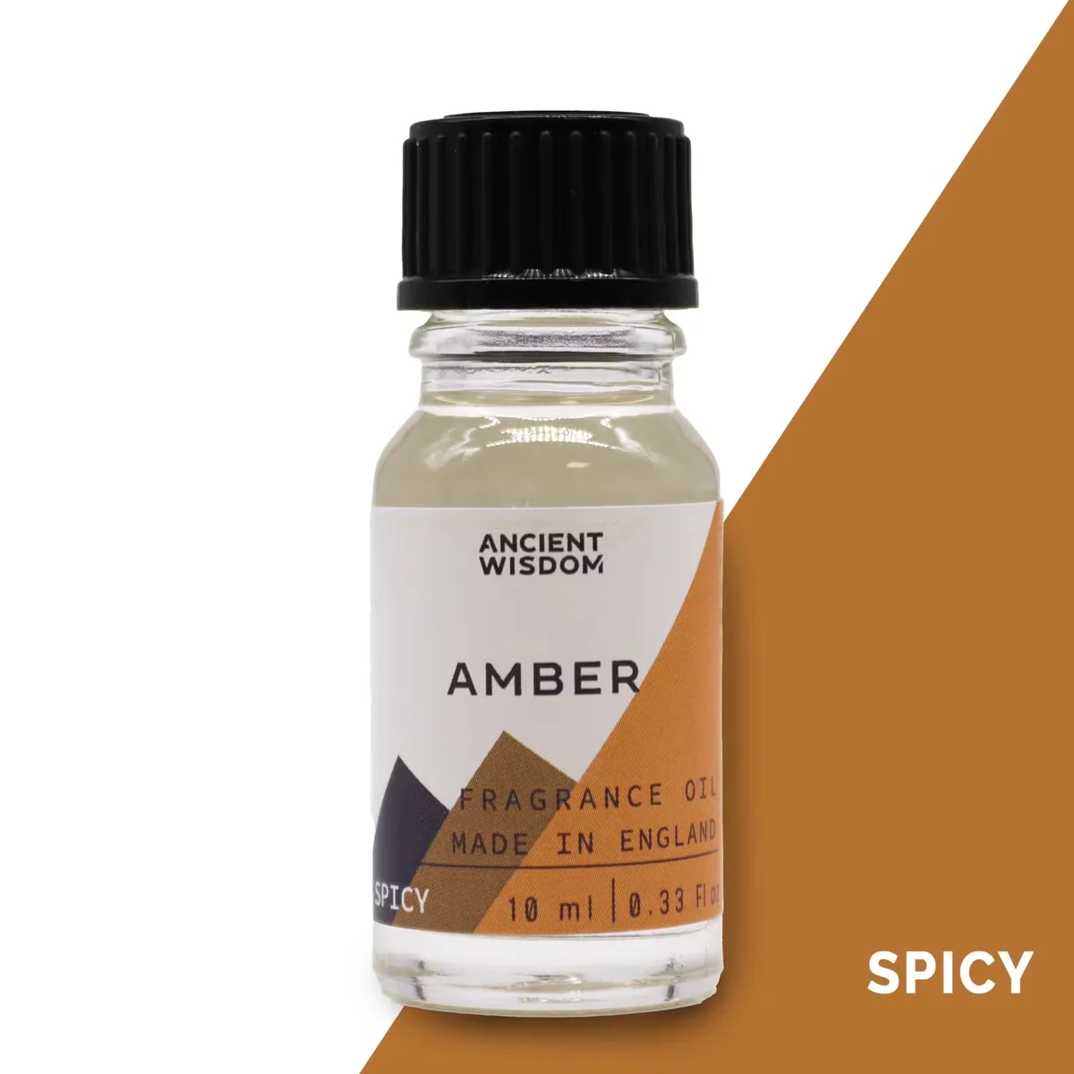 Small amber bottle of 10ml essential oil amber, labelled with product name.