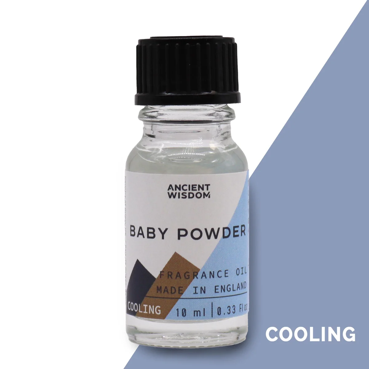 Clear 10 ml vial of baby powder scent fragrance oil, labeled, with compact bottle and simple branding.