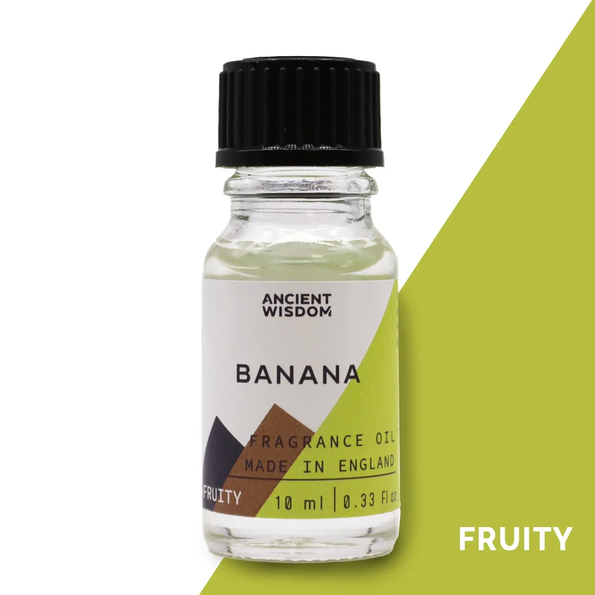 Clear glass bottle of banana scented oil, 10ml, with a label indicating the fragrance.