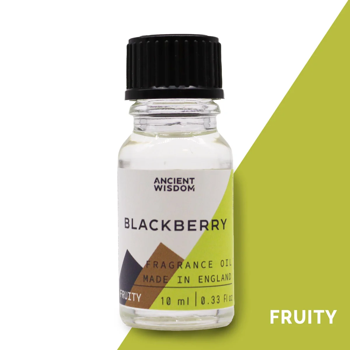 10 ml bottle of blackberry fragrance oil in a clear glass container with a dark label.