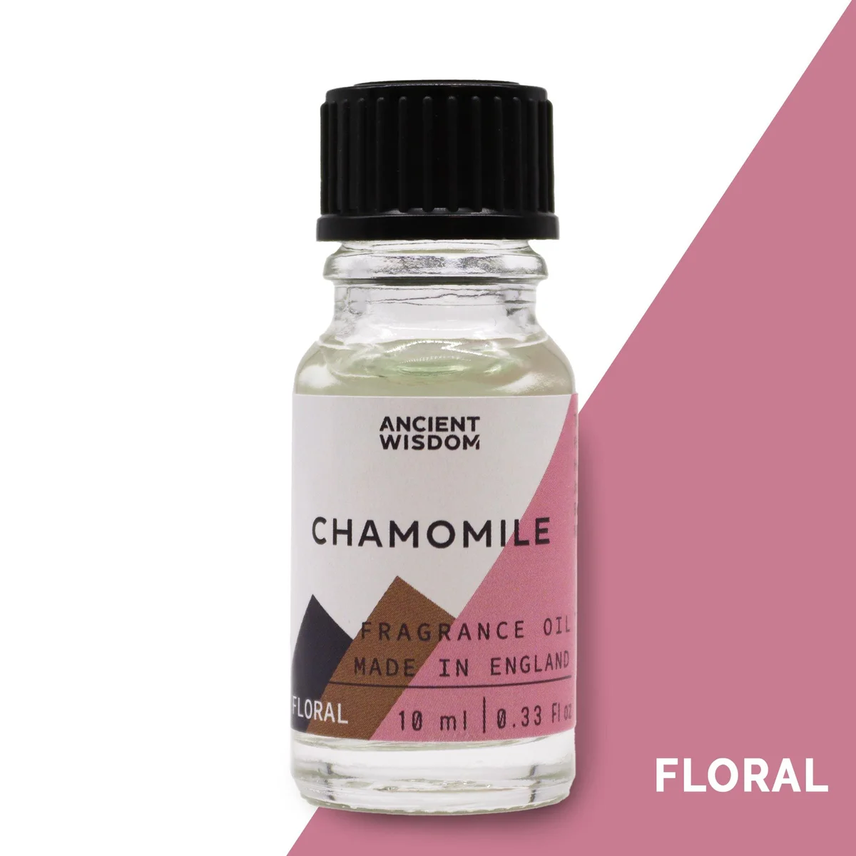 Clear glass bottle containing 10ml chamomile fragrance oil, label visible
