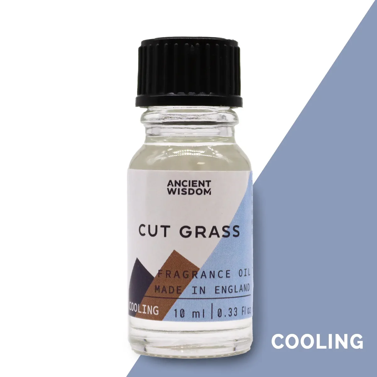 Compact 10ml bottle of cut grass oil, labeled with its name, showing dark amber liquid inside a clear glass.