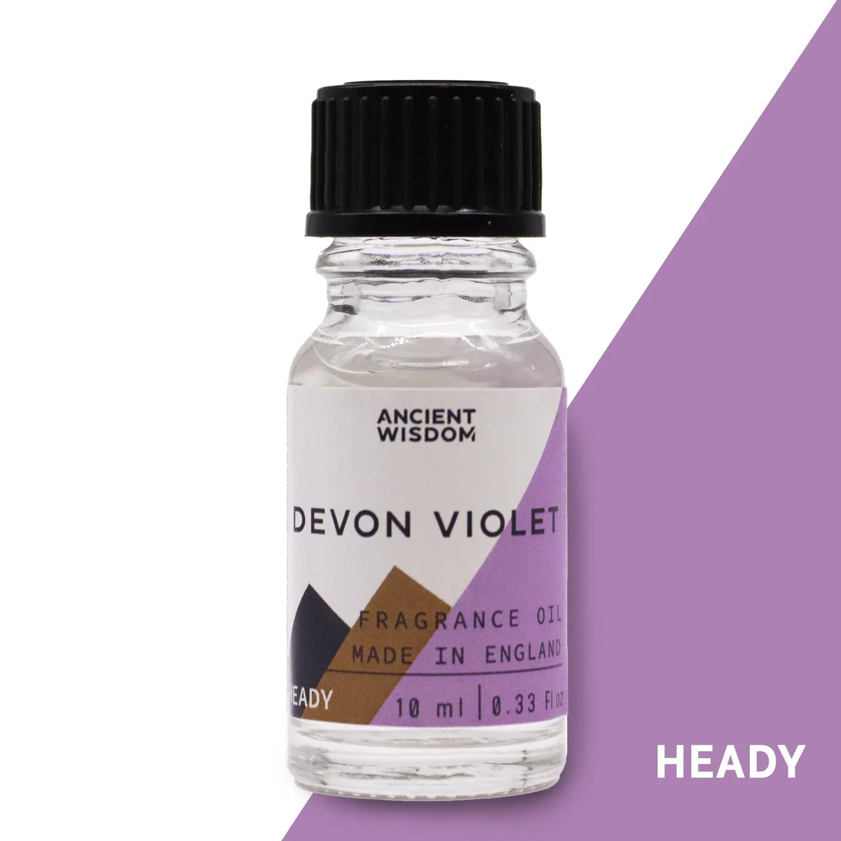 Close-up of a 10ml amber glass bottle of Devon violet fragrance oil, labelled on the neck.