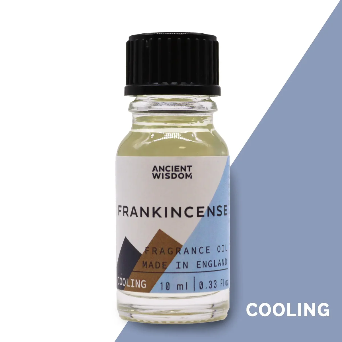 10ml frankincense oil in a small clear glass bottle, showing the liquid inside