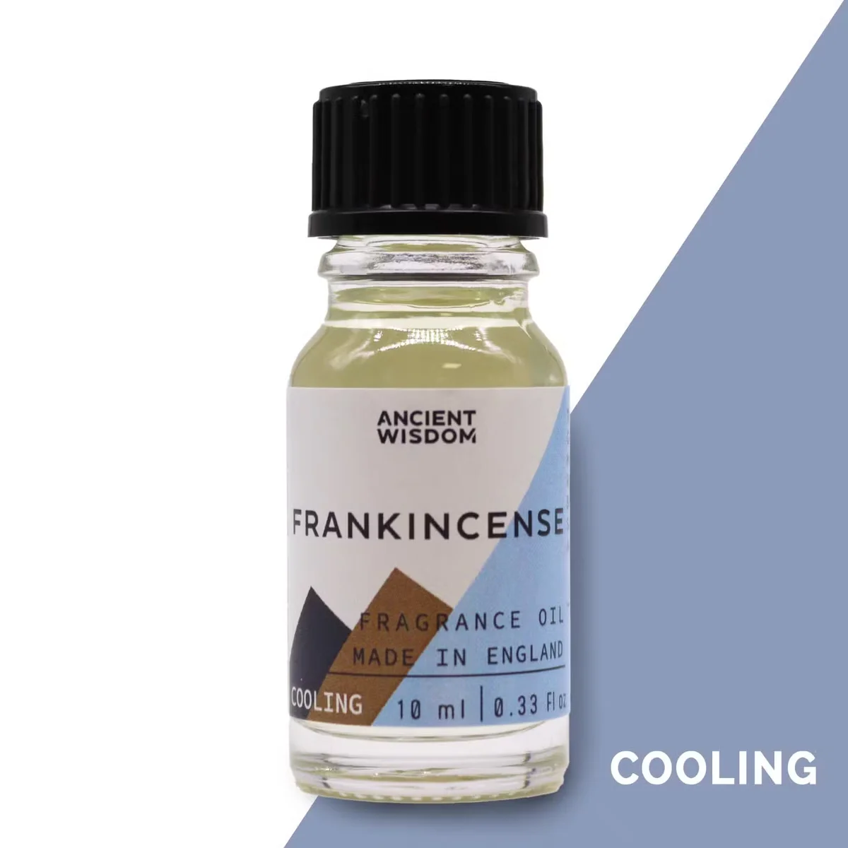 Clear glass bottle with label 10ml Frankincense fragrance oil