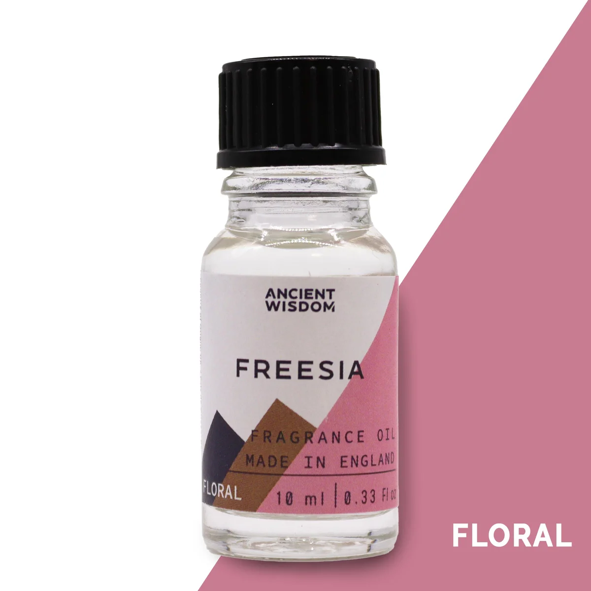Small glass bottle labelled 10ml freesia oil, clear liquid inside, capped.