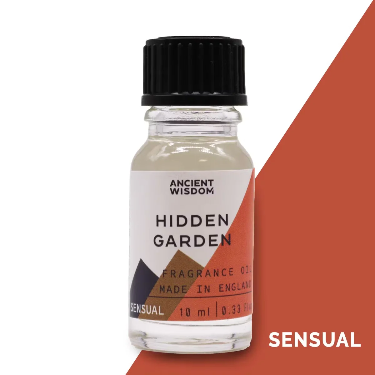 Clear plastic bottle with white label, 10ml Hidden Garden fragrance oil, labelled aromatherapy oil UK