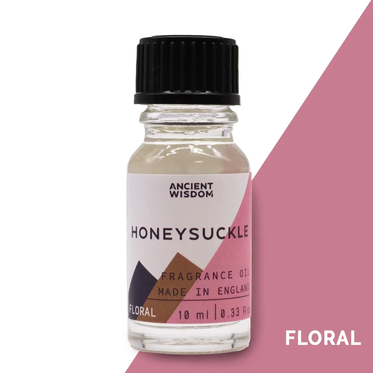 Clear glass bottle labeled 10ml Honeysuckle fragrance oil, featuring a small metal cap and black label.