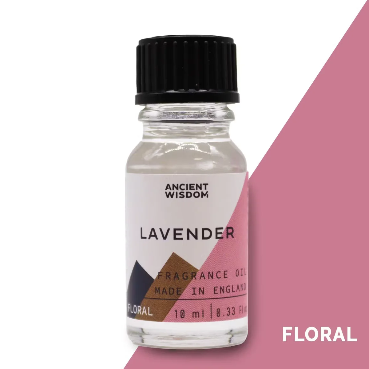 10ml lavender oil bottle shows clear glass container with pale lavender liquid, label in simple script.