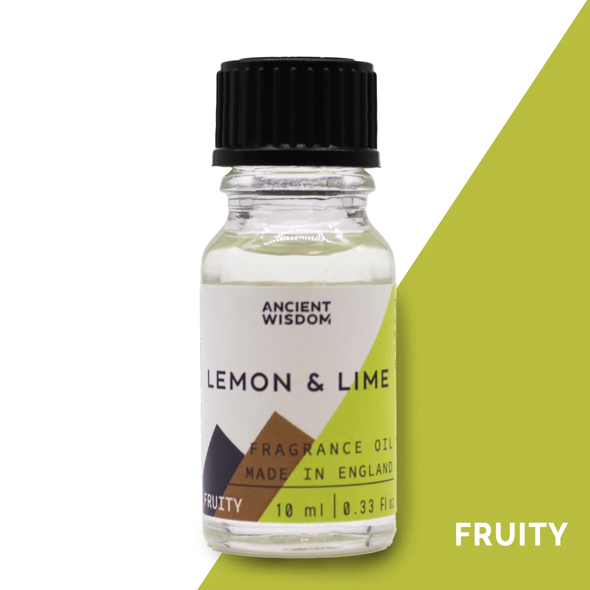 10 ml amber glass bottle of Lemon & Lime Fragrance Oil, clear liquid, with lemon and lime wedges – lemon fragrance oil