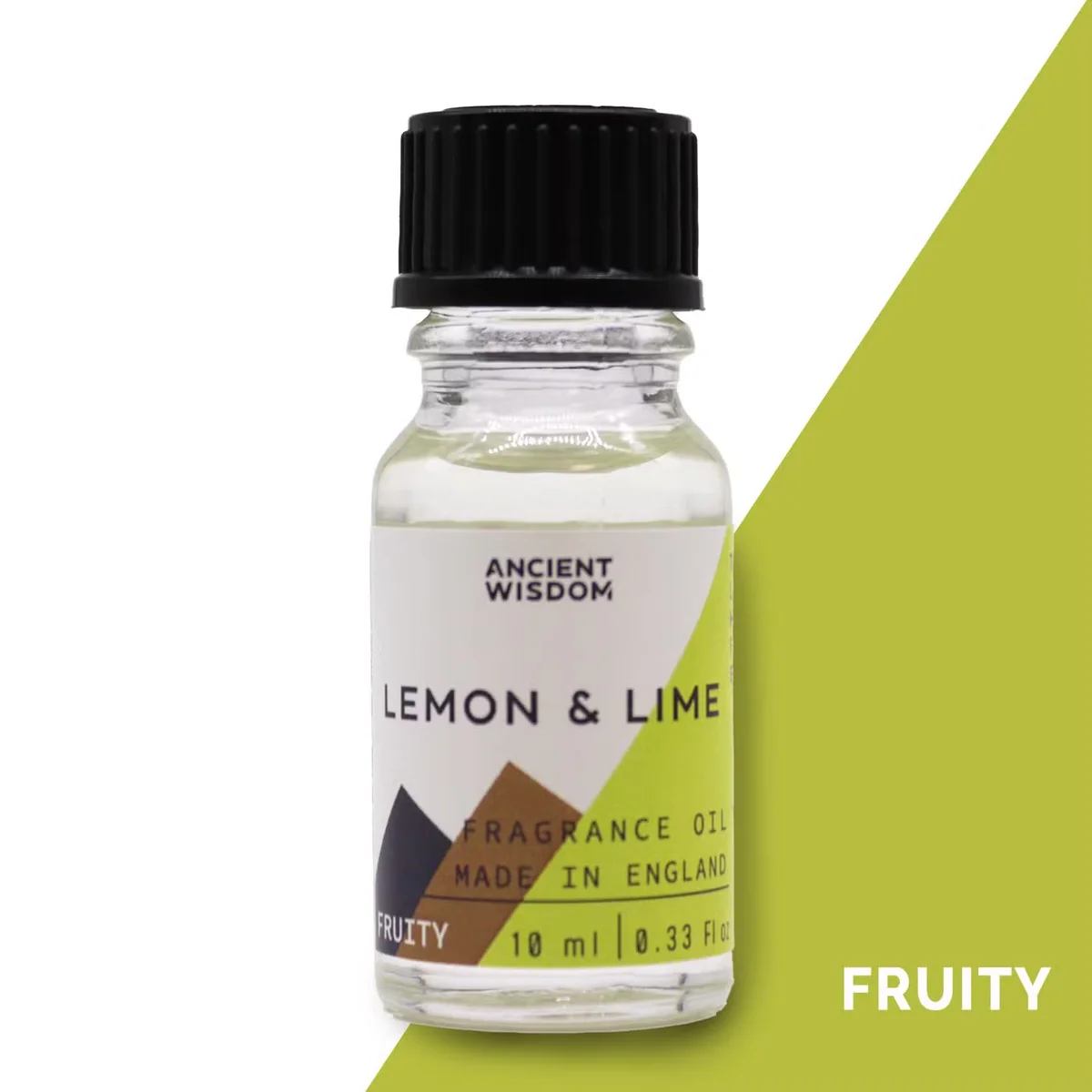 10ml glass bottle of lemon and lime fragrance oil on a white background.