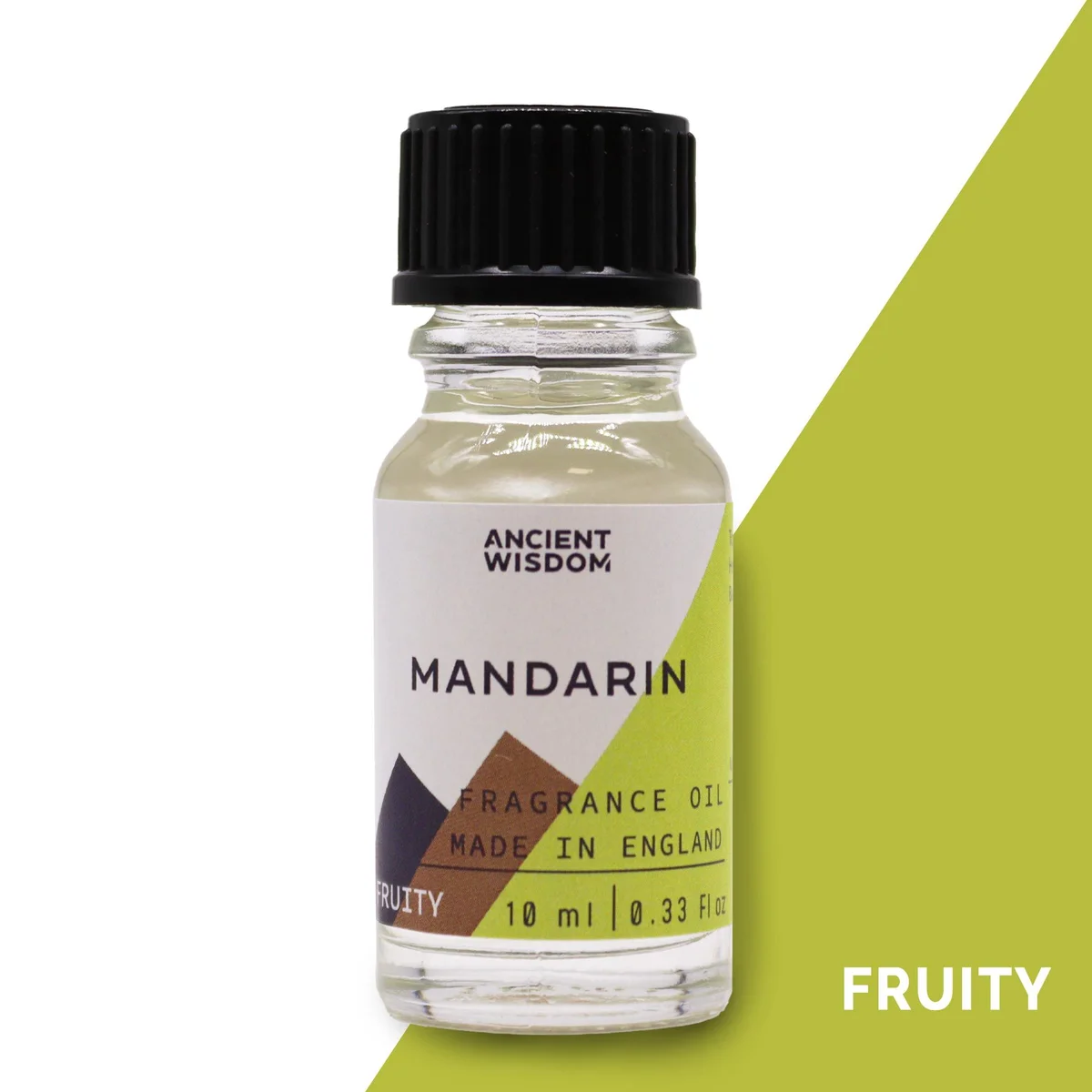 Clear glass bottle holding 10ml mandarin fragrance oil, labeled and capped.