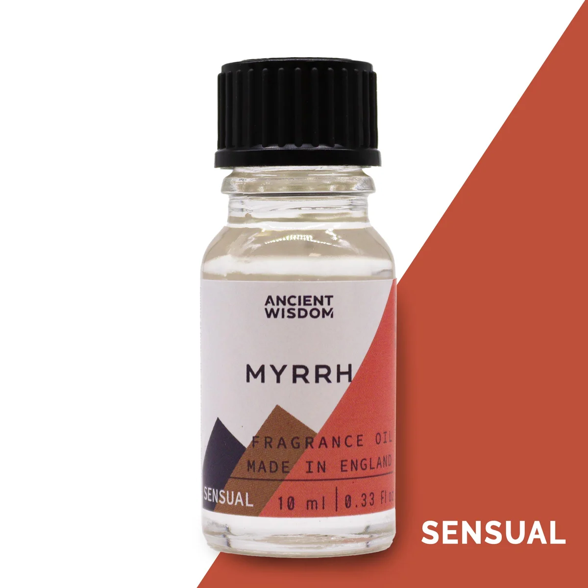 Clear 10ml bottle of myrrh oil UK with label, showing product name against plain background.