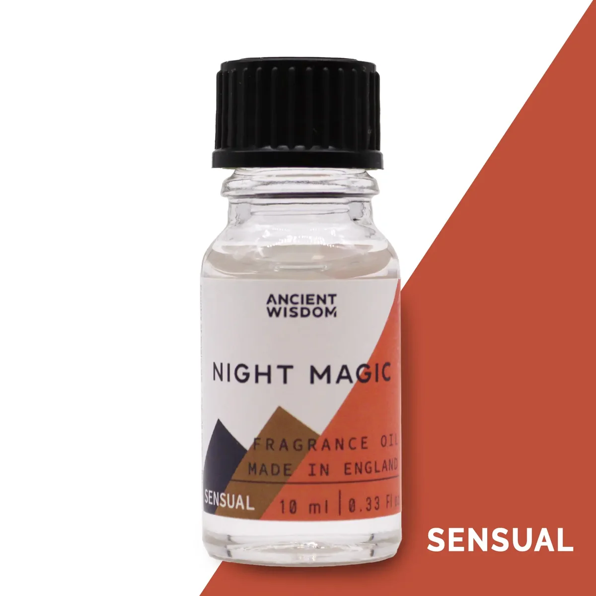 Small amber glass bottle labelled 10ml Night Magic fragrance oil, gold cap.