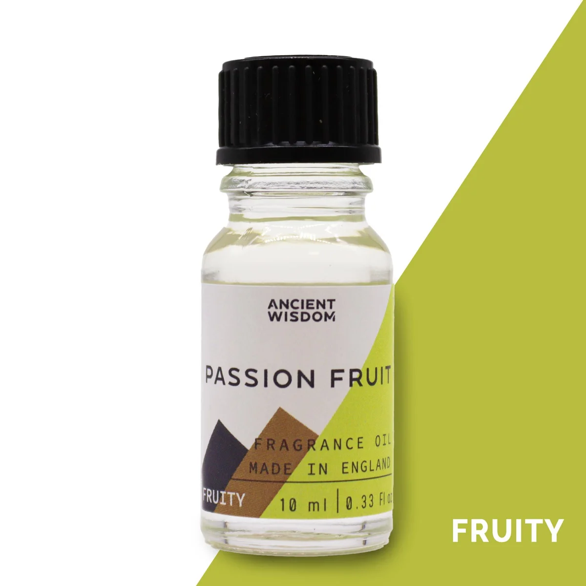 10ml bottle of passion fruit fragrance oil, clear amber liquid with small bottle label.