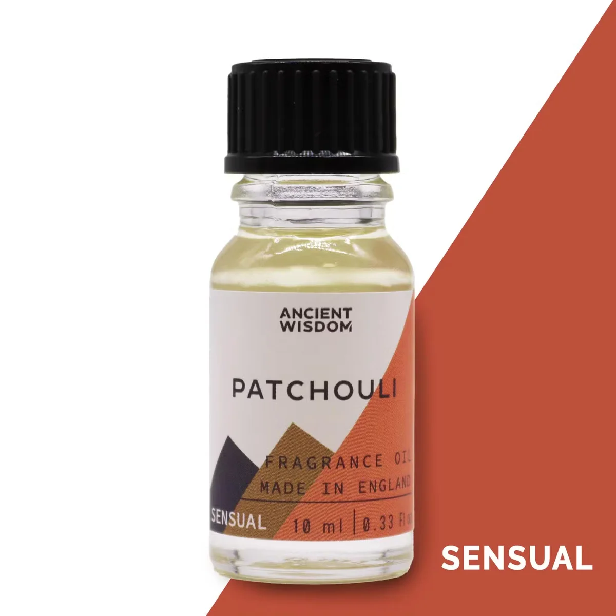 Clear glass bottle of 10ml patchouli fragrance oil with label