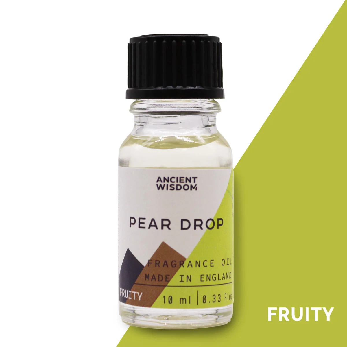 Clear 10ml glass bottle of pear fragrance oil with dropper
