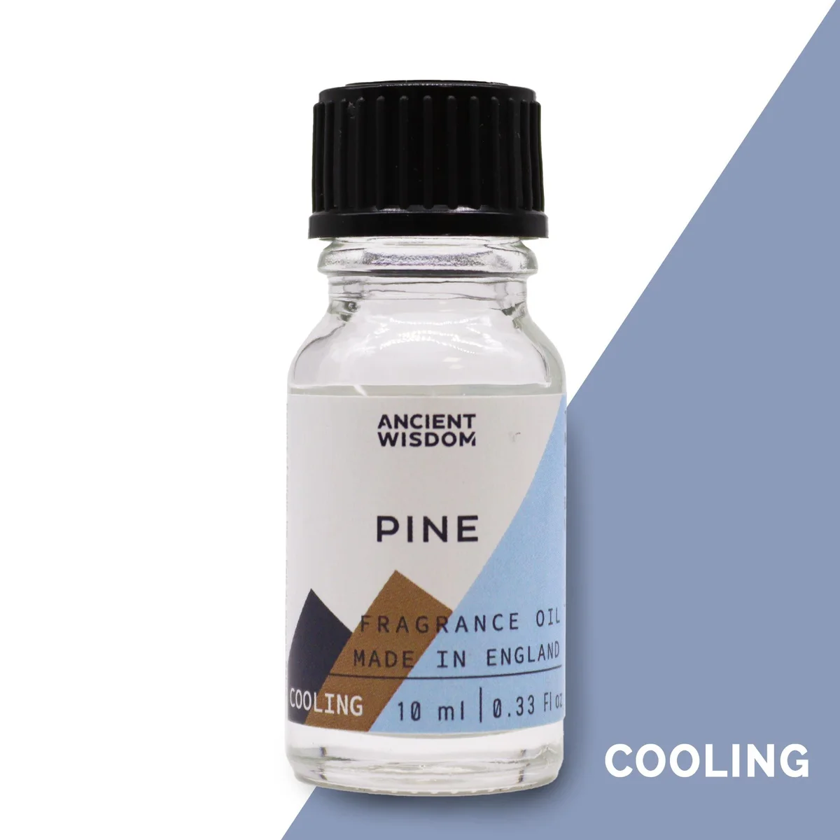 Clear glass 10 ml bottle of pine fragrance oil with blue cap and printed label