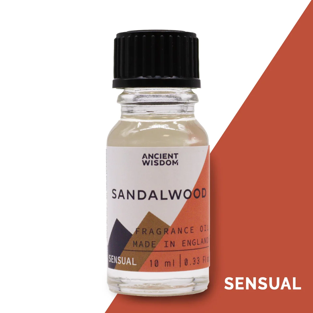 10ml amber glass bottle of sandalwood essential oil with clear label