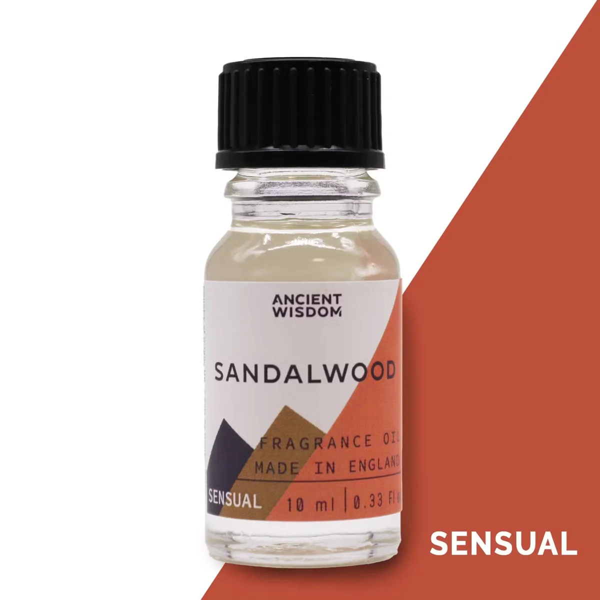 A clear glass bottle labeled 10ml Sandalwood Fragrance Oil.