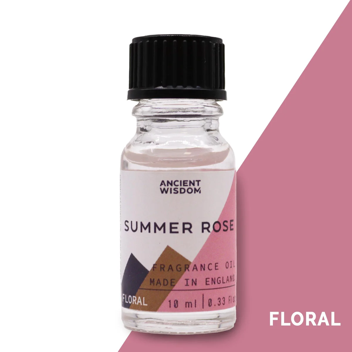 Transparent glass bottle with dark cap, labeled 10ml Summer Rose Fragrance Oil, rose scent oil.