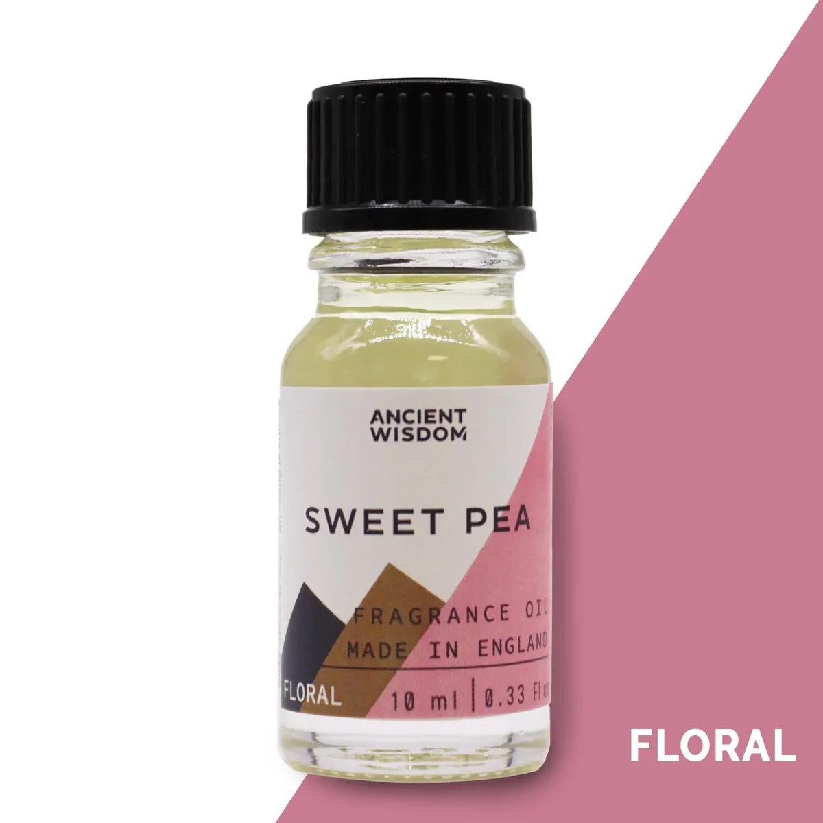 10ml glass bottle of sweet pea fragrance oil with clear label and slender dropper cap