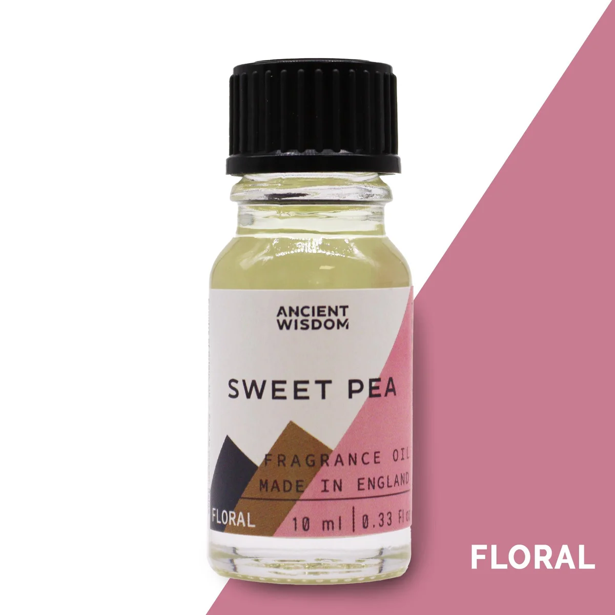 Clear glass 10ml fragrance oil bottle labeled Sweet Pea, small capped.