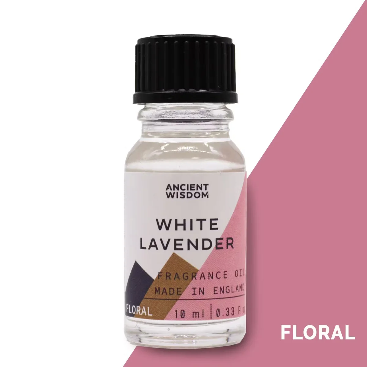 Clear glass bottle of 10ml fragrance oil labeled “White Lavender” in elegant design.