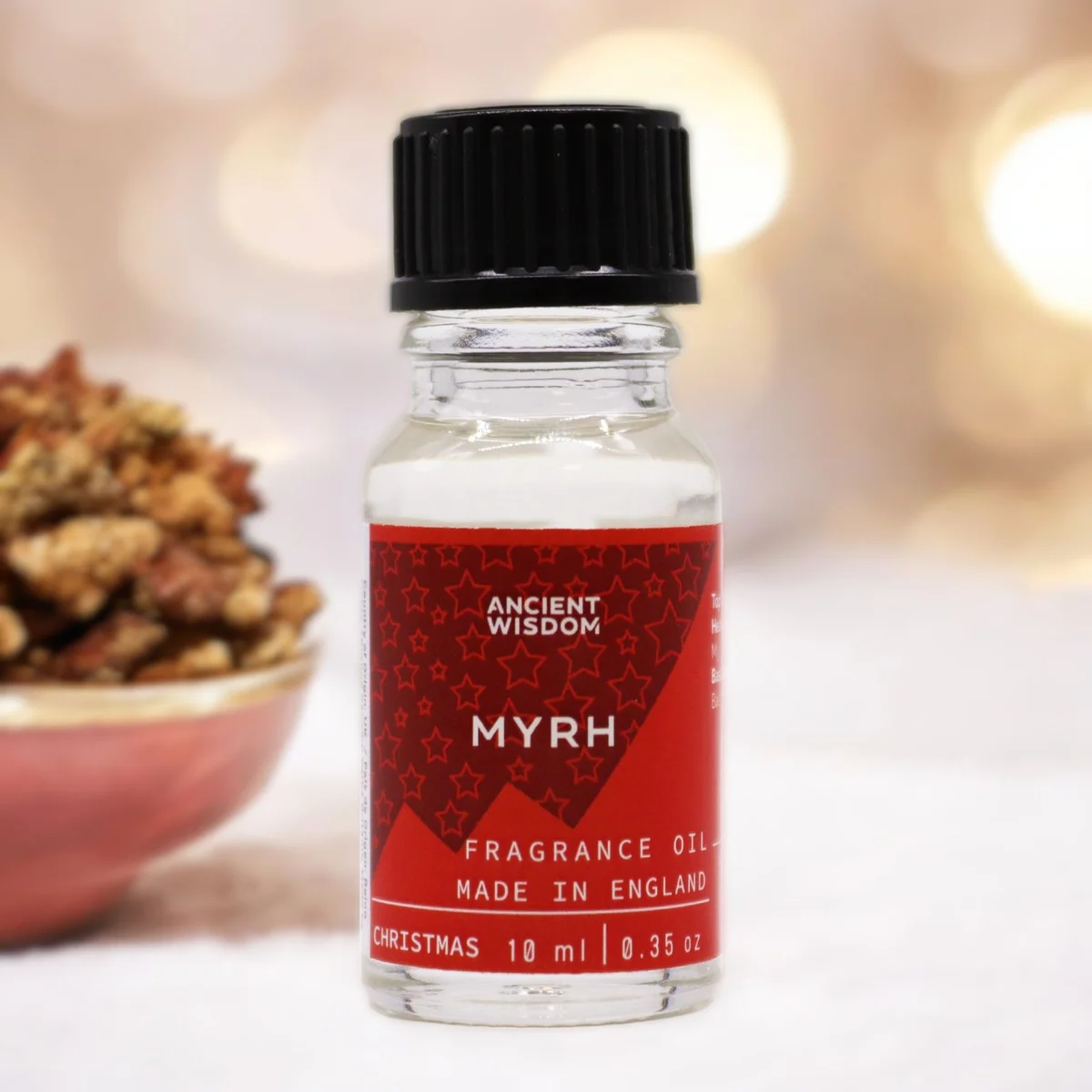 10 ml bottle with festive label reading “Xmas Myrrh Fragrance Oil”.