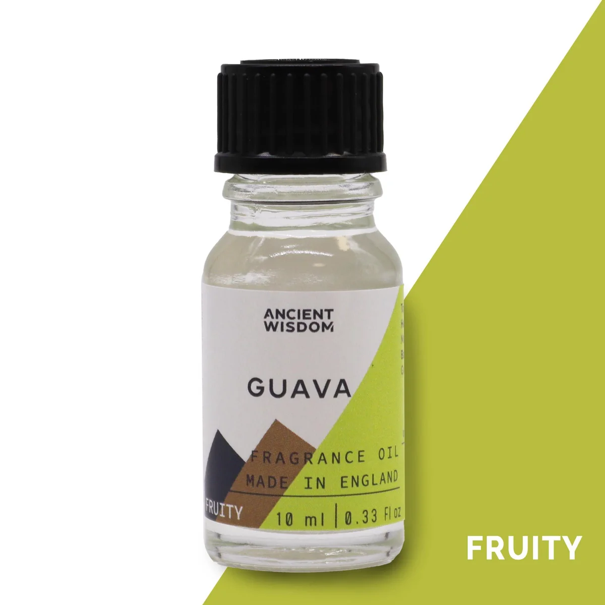 Small glass vial labeled 10ml Guava Fragrance Oil, showing a clear liquid inside.