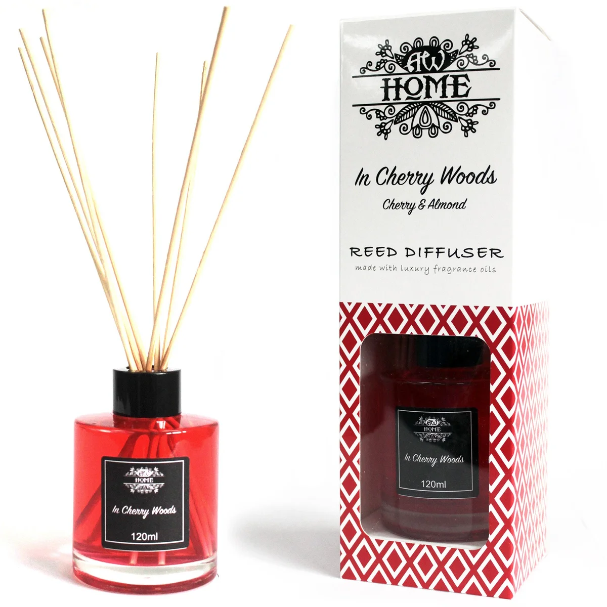 120ml Cherry Woods home fragrance diffuser with reeds in a clear glass bottle on a white background