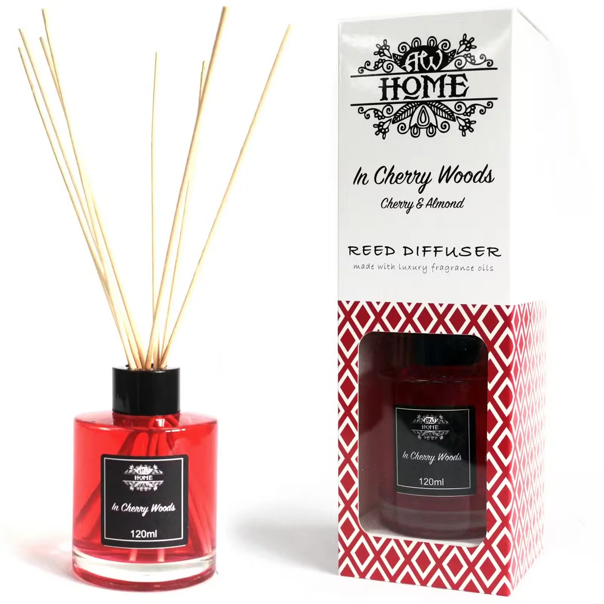 120ml reed diffuser with wooden reeds and cherry woods scent, a woodland scented diffuser in a clear glass bottle