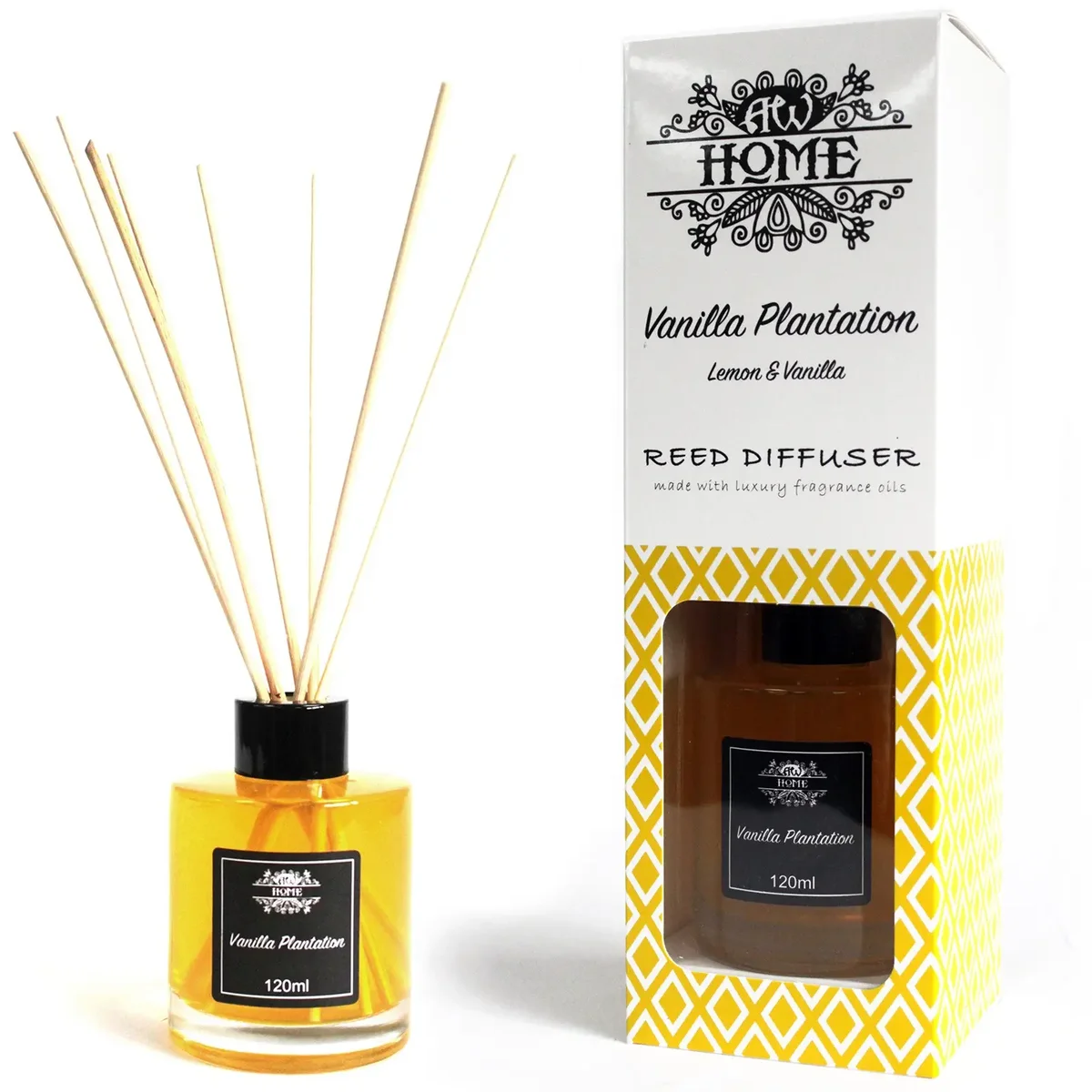 120ml reed diffuser with wooden reeds and vanilla plantation scented oil in a clear glass bottle