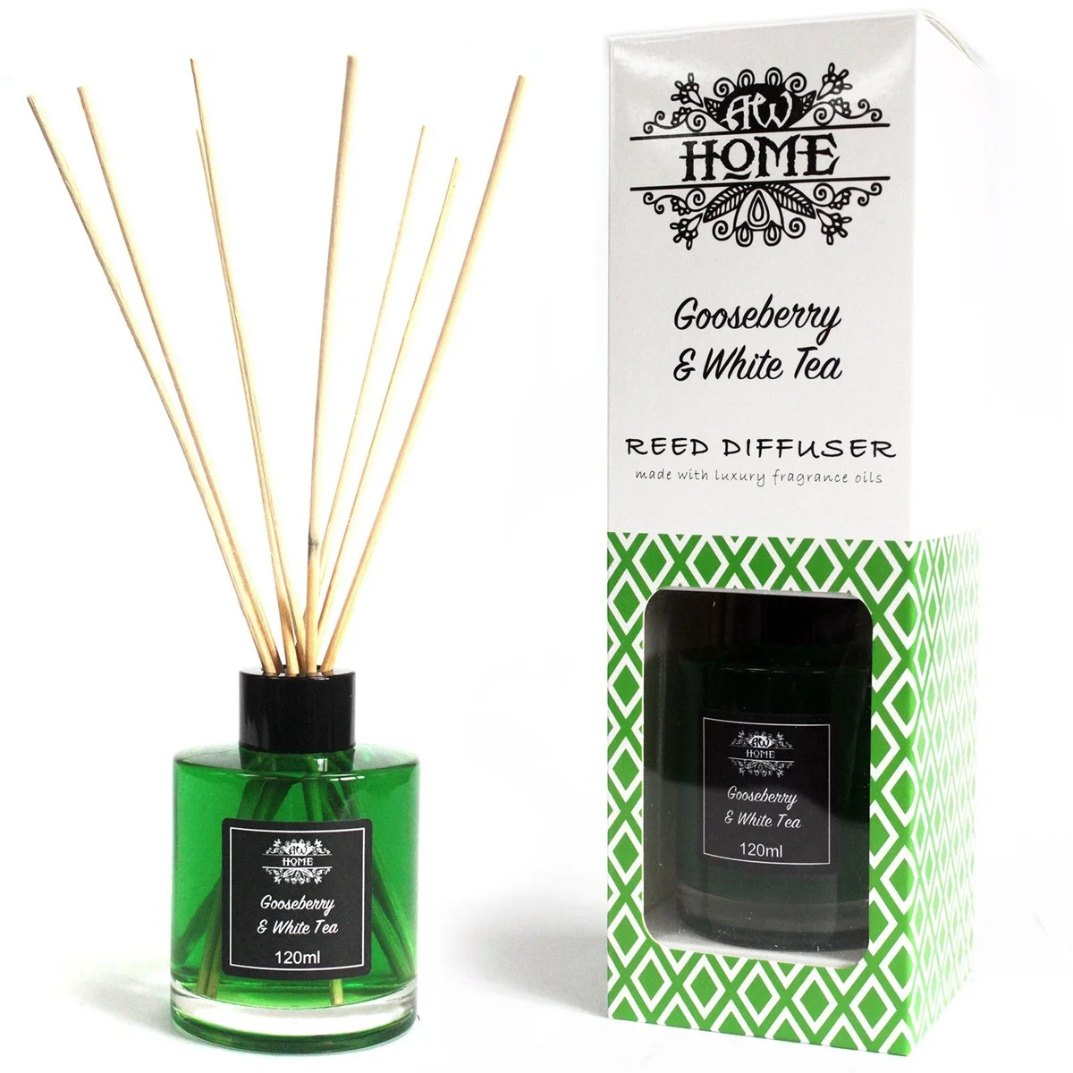 120ml gooseberry reed diffuser with slender reeds in a clear glass bottle labeled Gooseberry & White Tea