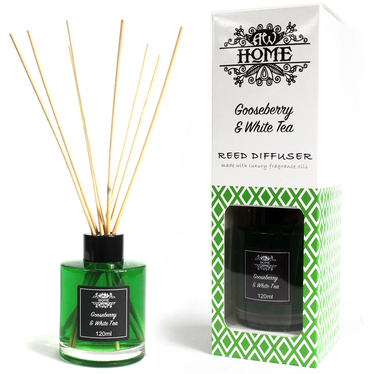 120ml reed diffuser bottle with reeds, labelled Gooseberry & White Tea, white tea scent diffuser on white background